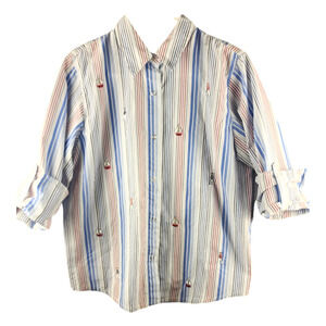 Alfred Dunner Womens Size 10P Roll Tab Sleeve, Nautical Snap, Sailboats Blouse